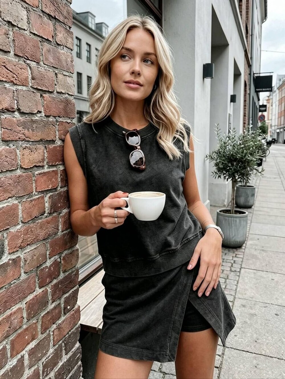 Black Washed Sleeveless Top and Skort Set